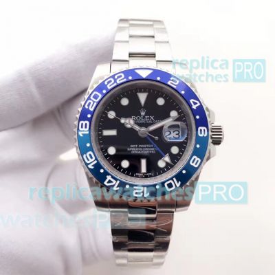 Swiss Replica Rolex GMT-Master II Black Dial D-Blue Bezel SS Watch 40MM